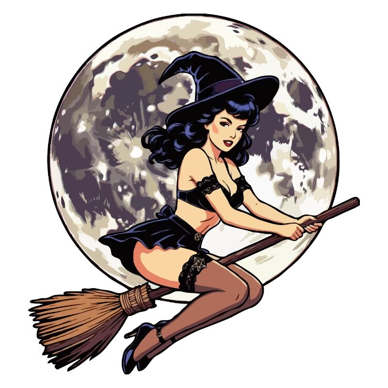 Pin up witch on broomstick