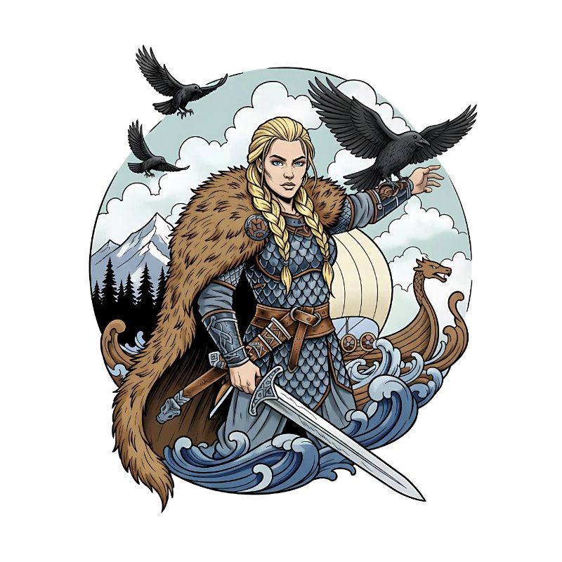 Femme viking armée d’une épée dans la tempête