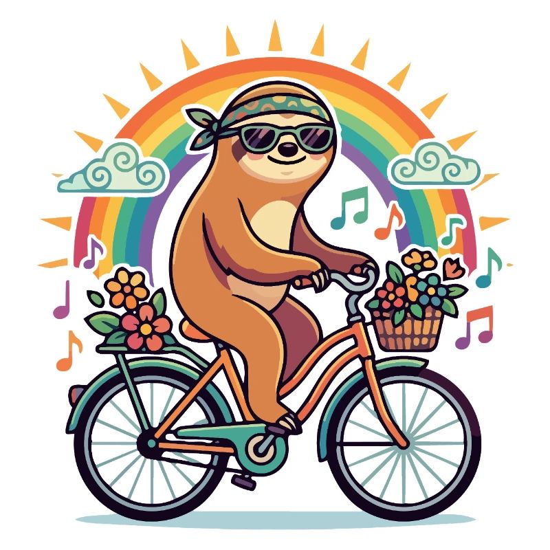 Flower Power Sloth on Bicycle Rainbow Sun