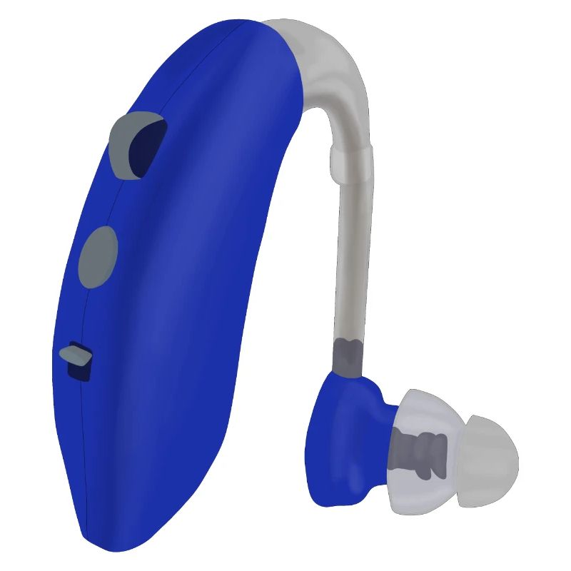 Une aide auditive bleue