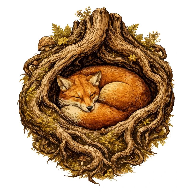 Sleeping fox in the root structure – forest motif