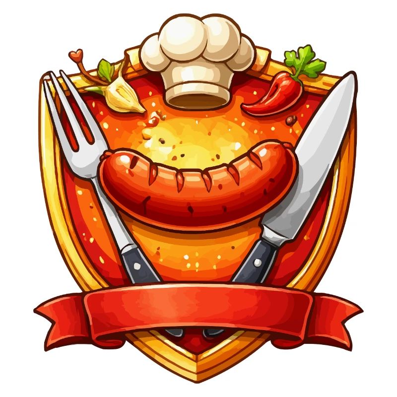 Gegrillte Wurst auf rotem Teller Schild