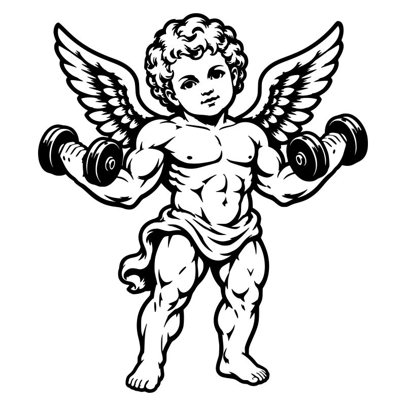 Strong cherub exercising with dumbbells
