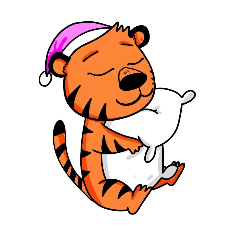 Tiger with pillow and sleeping cap
