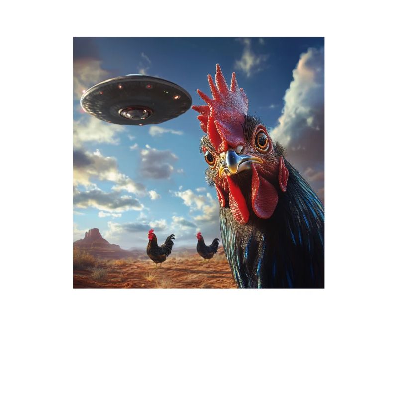 Selfie de poulets coqs avec des OVNI, impression étrange