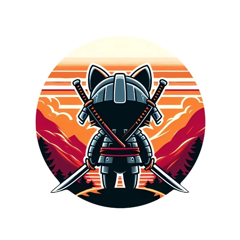 Samurai Cat Katanas Watching Sunset and Mountains