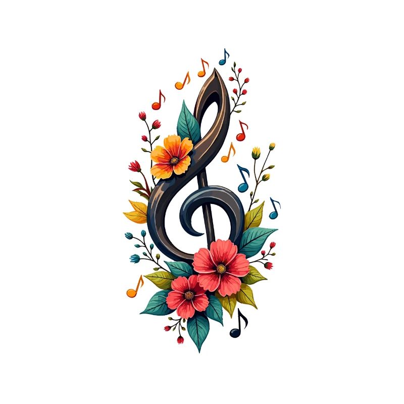 Clé de sol avec des notes colorées et des fleurs