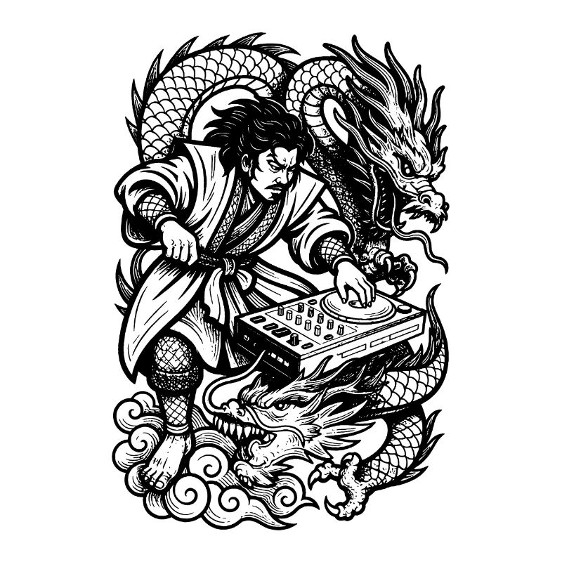 DJ Shirt: Samurai am Techno Mischpult mit Drachen