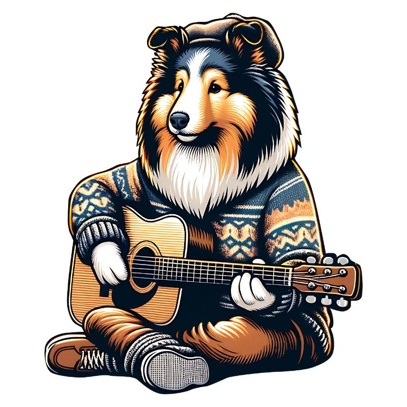Collie Mit Akustikgitarre Im Strickpullover