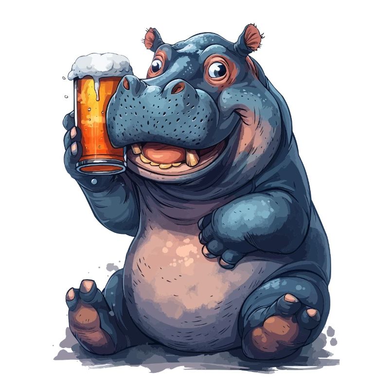 hippopotame avec verre à bière impression de dessin animé