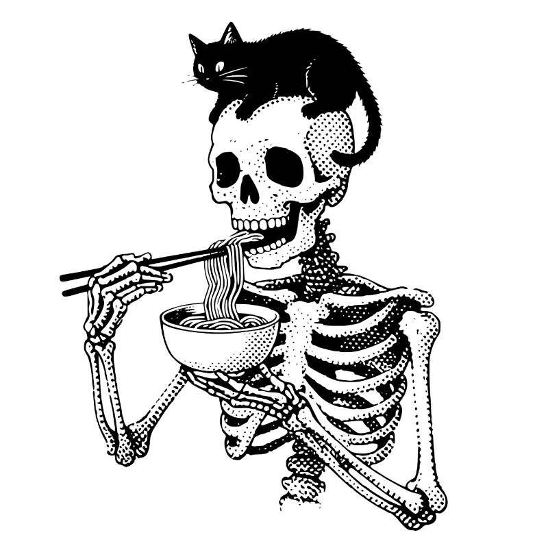 Squelette de ramen avec chat sur le crâne