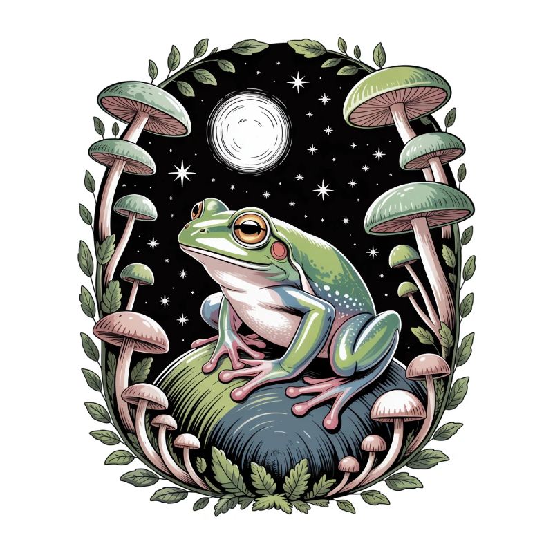 Grenouille au clair de lune avec champignons et étoiles