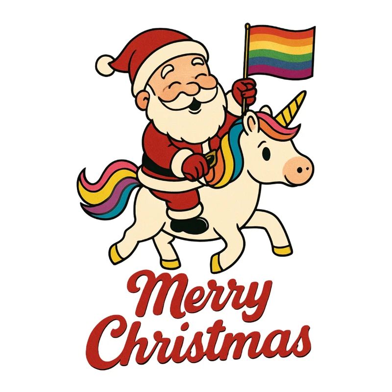 Weihnachtsmann auf Einhorn mit Regenbogenfahne
