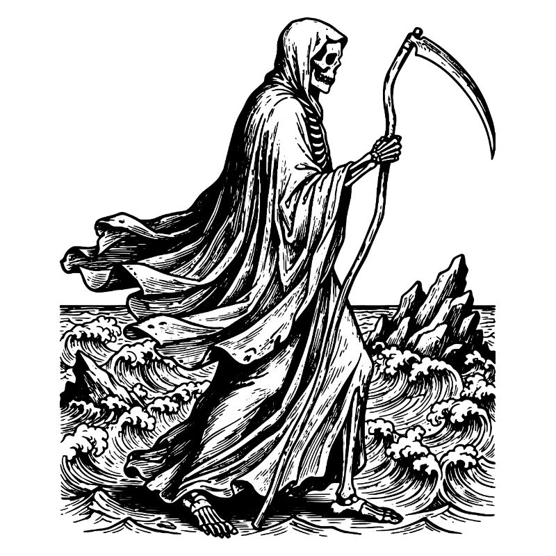 Sensenmann mit Sense am Meer