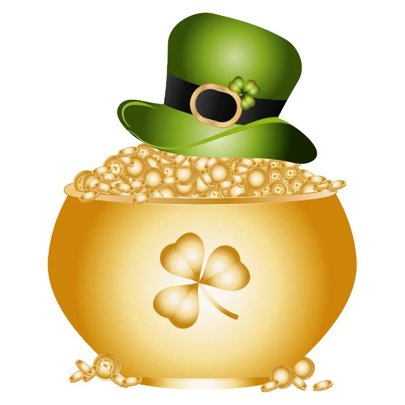 Pot doré avec trèfle et chapeau vert