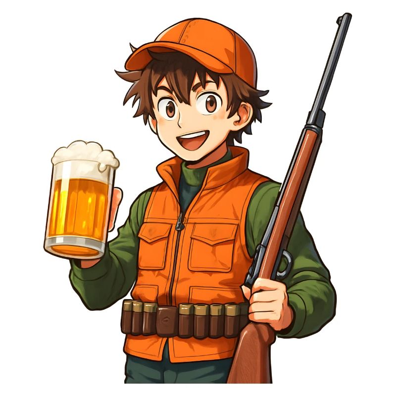 Jägerheld mit Bier und Flinte
