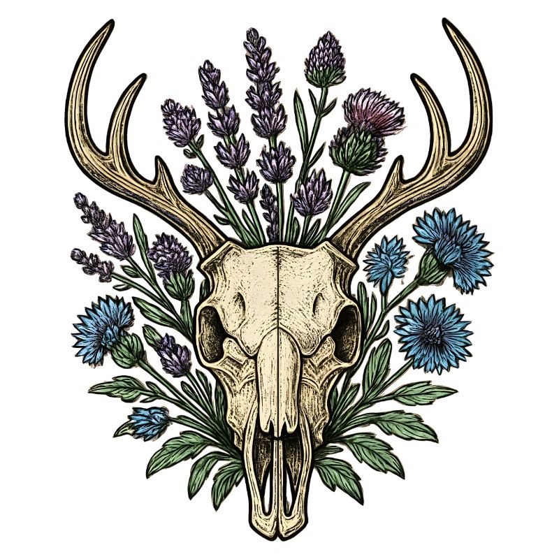 Hirschknochen mit Blumenkranz