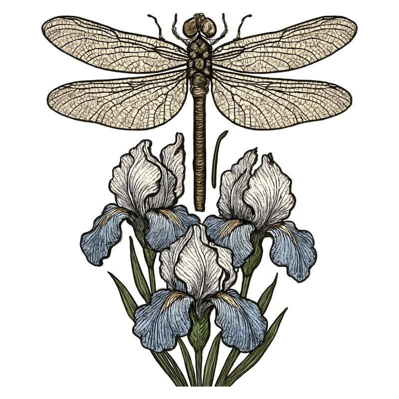 Libelle über Irisblüten