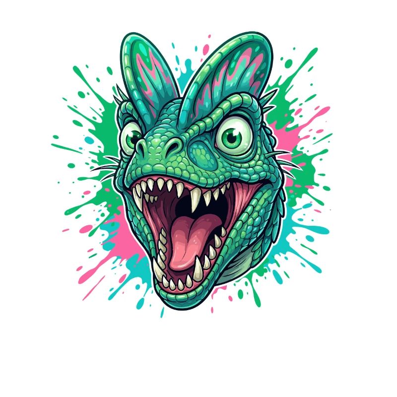Green Dino Head with Neon Splash