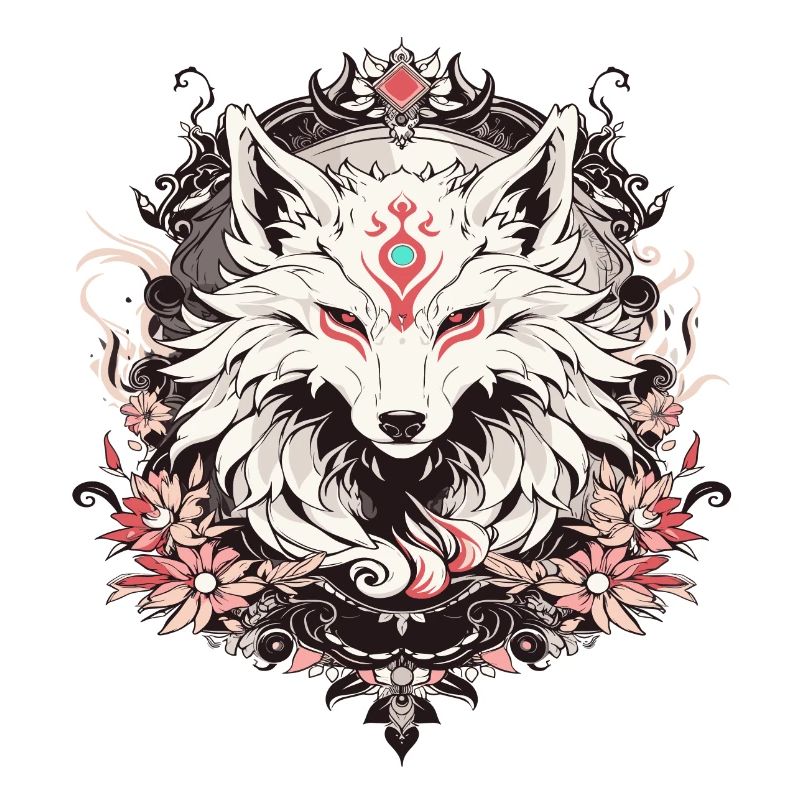 A wolf style tattoo with flowers