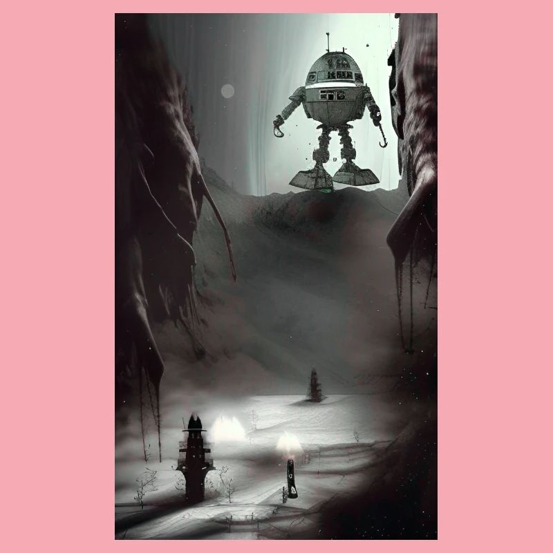 Creepy Comic robot spaceship Alien on a strange