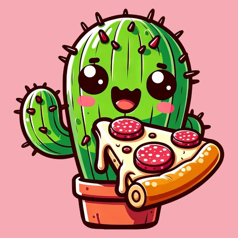 Kawaii cactus with pizza, comic style