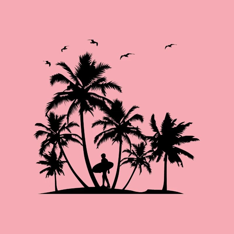 Beach palm trees surfer silhouette