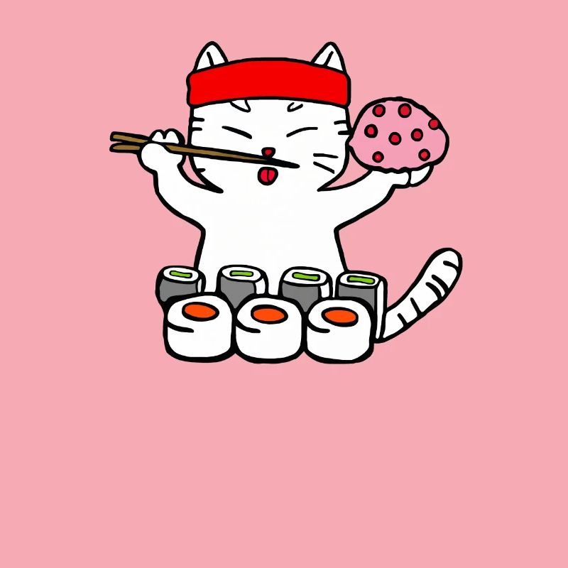 Cat eats sushi with chopsticks