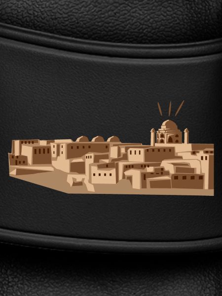 Desert city with mosque