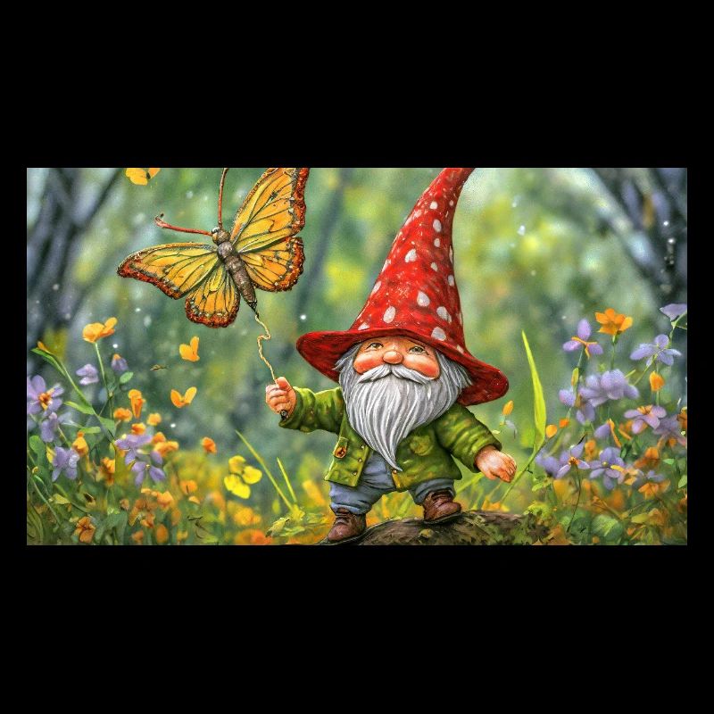 gnome flying a butterfly like a kite