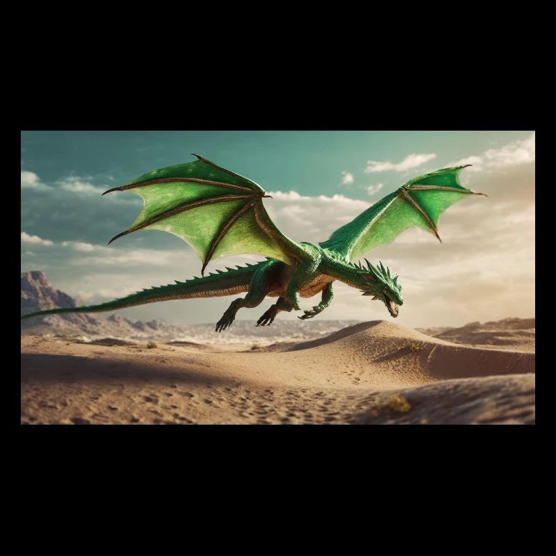 A realistic majestical green dragon is flying