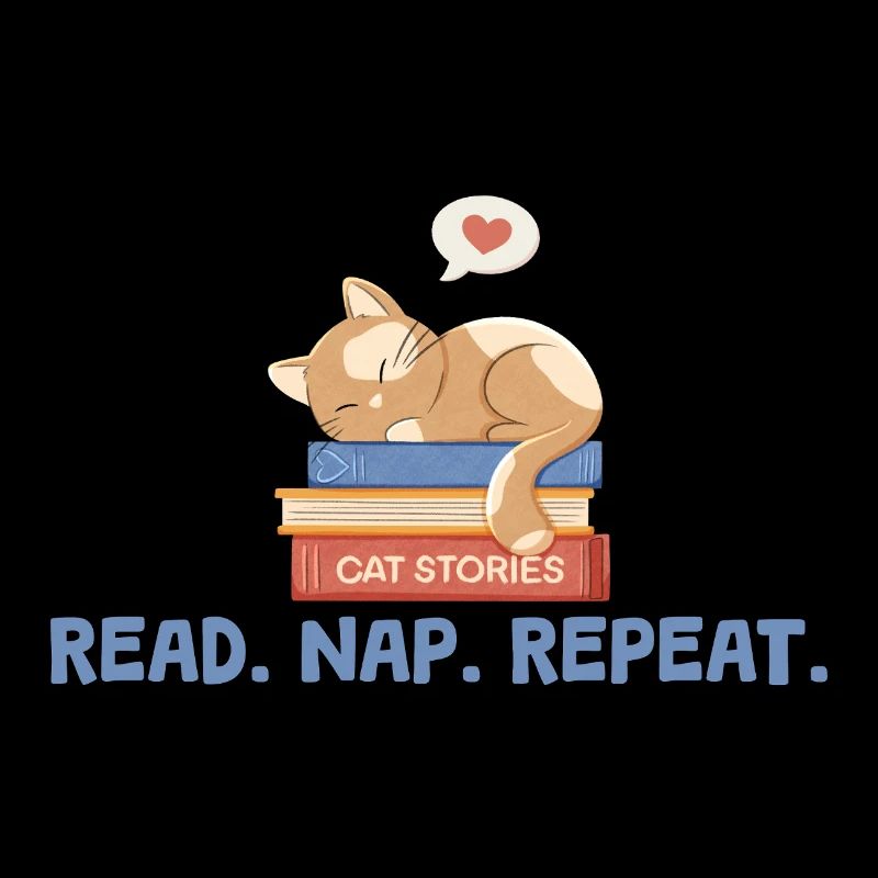 Katze auf Büchern mit Spruch Read. Nap. Repeat.