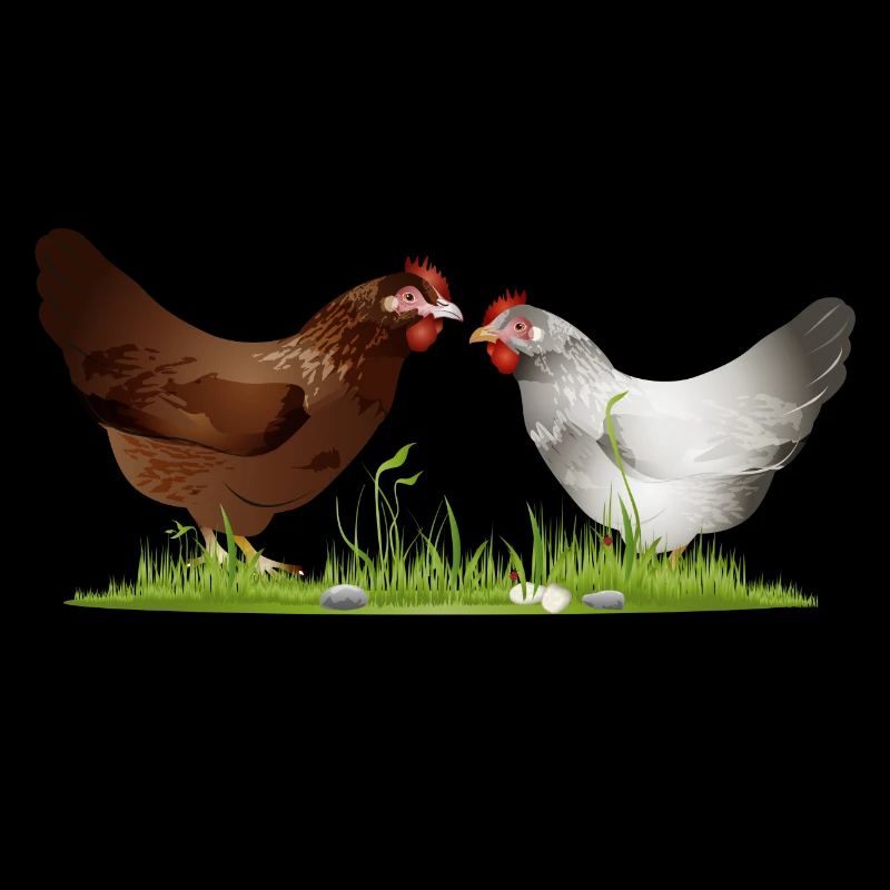 two free-running chickens on a green meadow