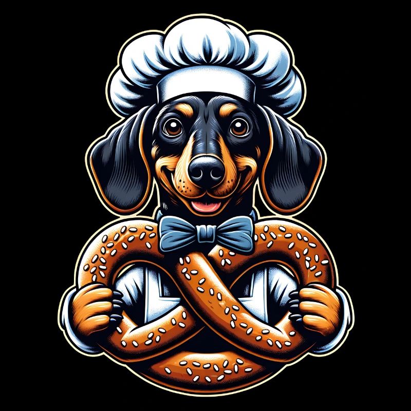 Dackel mit Bäckermütze und großer Brezel