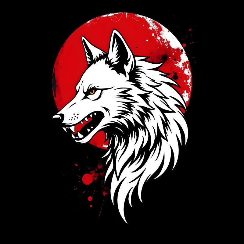 Wolf vor rotem Vollmond