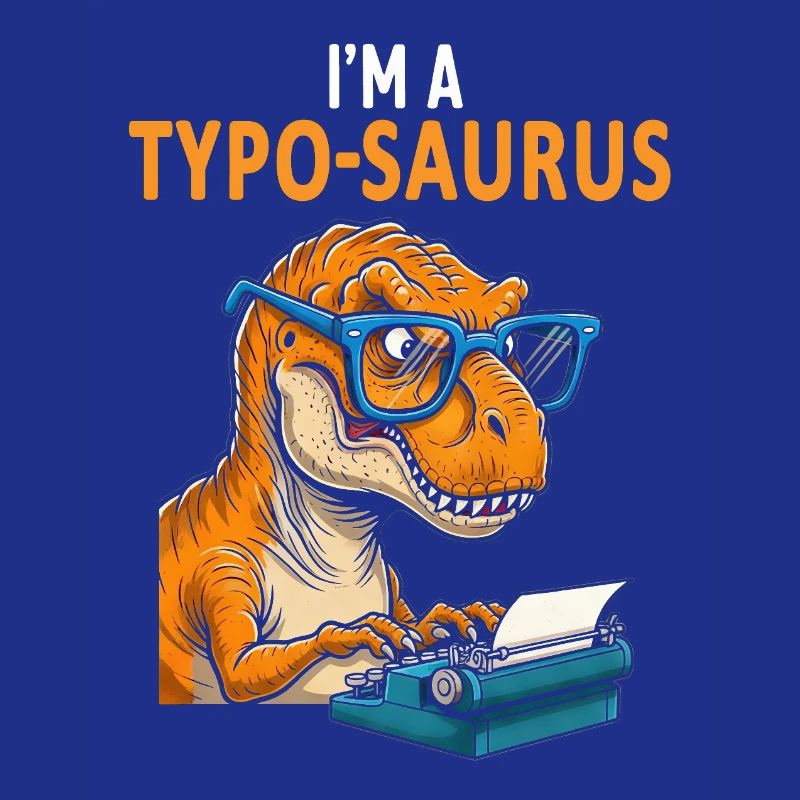Typo-Saurus with glasses and typewriter