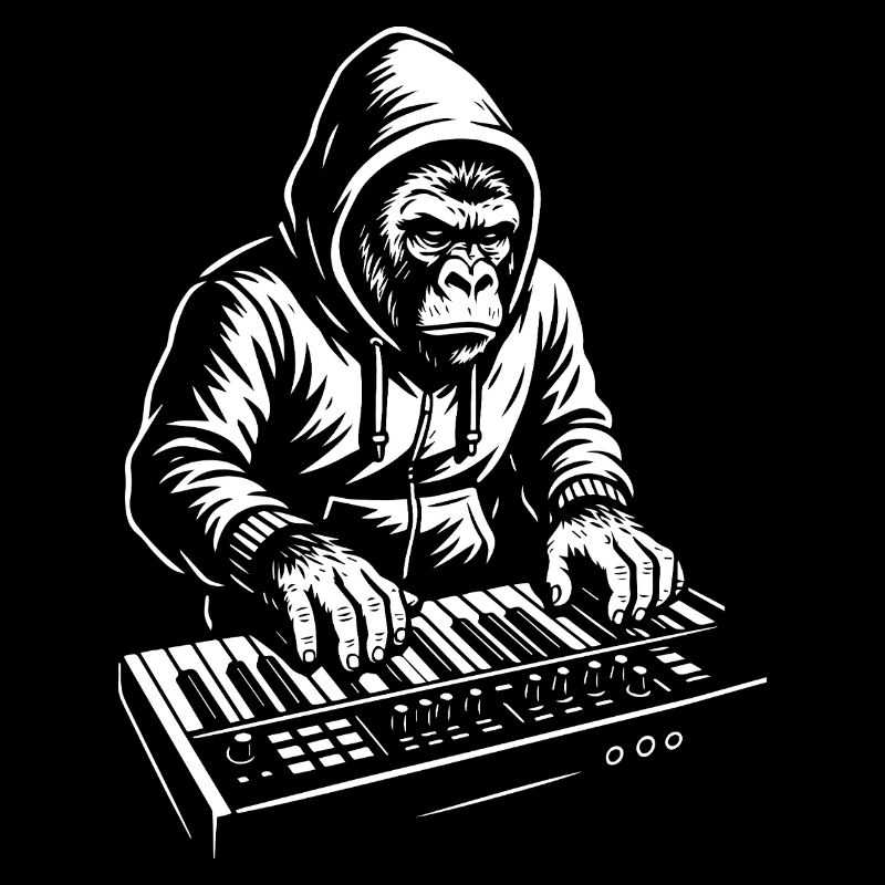 DJ Chimp en sweat à capuche joue de la musique pour clavier