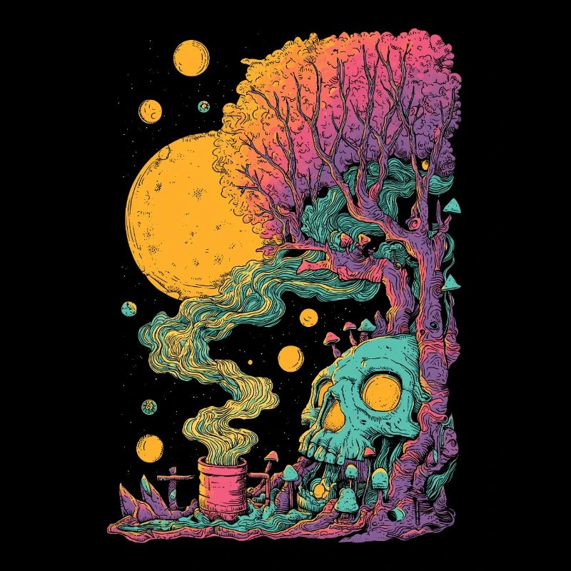 Psychedelic tree skull in the cosmos