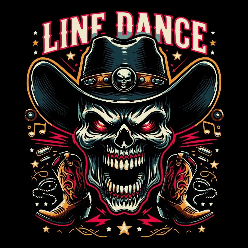 Crâne de danse en ligne avec stetson et bottes et lasso