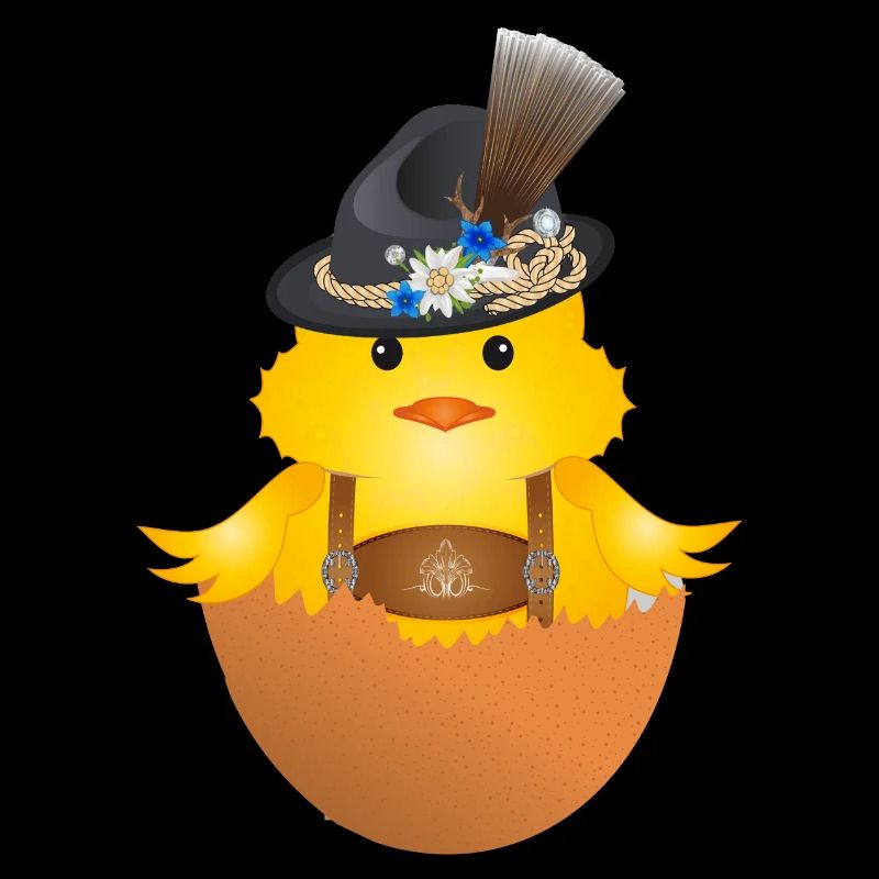 Chick with traditional hat and lederhosen in eggshell