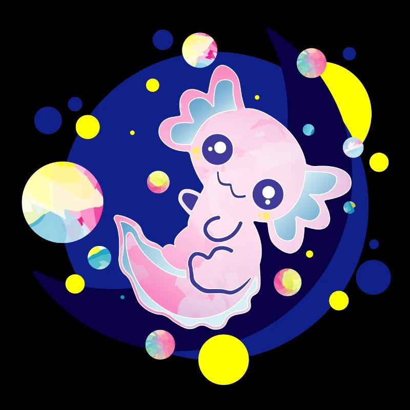 Cute Axolotl on Moon Flying Bubbles Bubbles