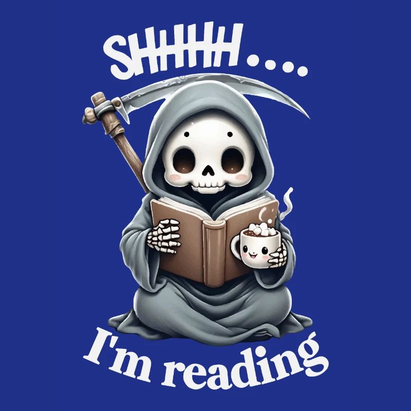Grim Reaper Reading a Book with Coffee