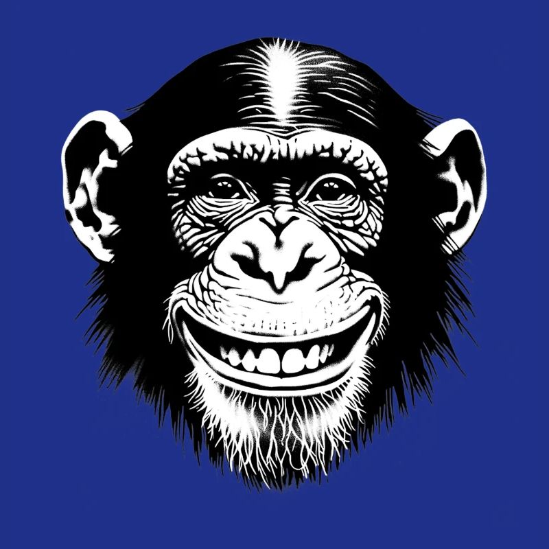 Lachender Affe Schimpse freut sich