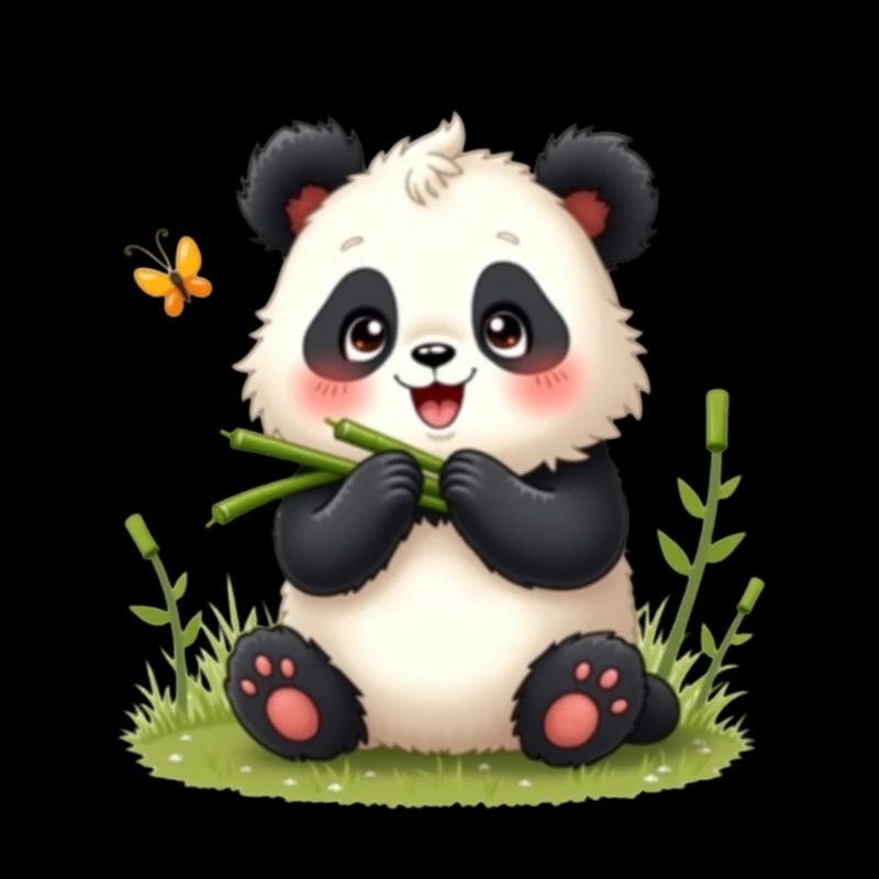 Mignon panda de dessin animé avec bambou et papillon