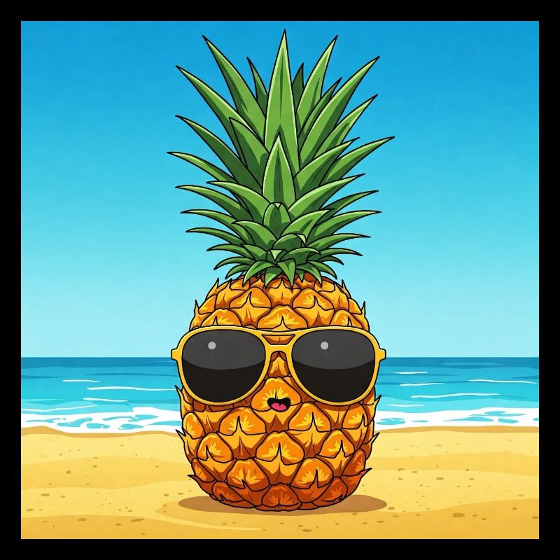 Pineapple with sunglasses on the beach