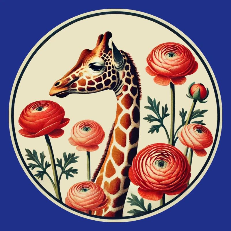 Vintage Giraffe with Ranunculus – Elegant Floral A