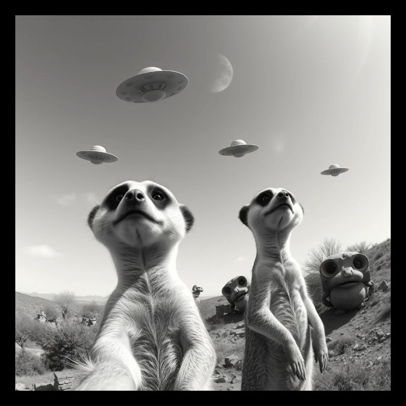 Meerkat posing for a selfie with UFOs funny