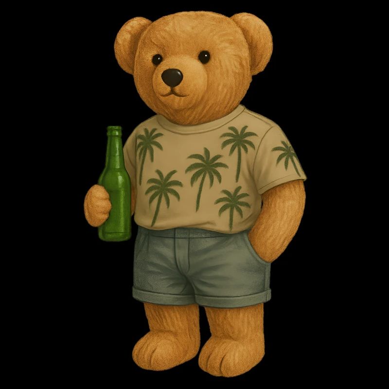 Teddy bear in palm tree look and a cool drink