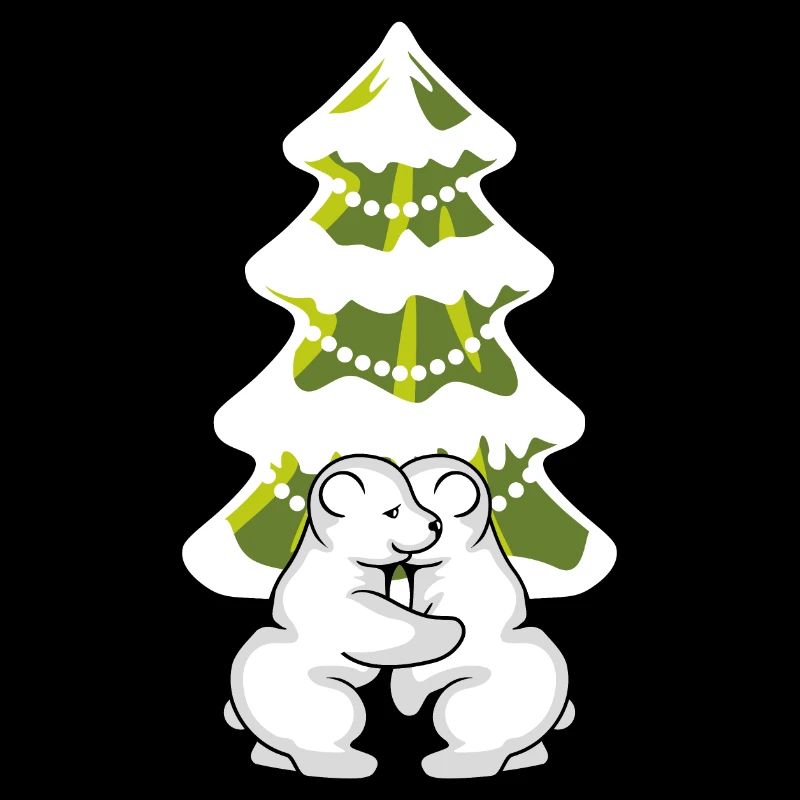 Zwei Eisbärenbabys umarmen sich in der Nähe eines Weihnachtsbaums