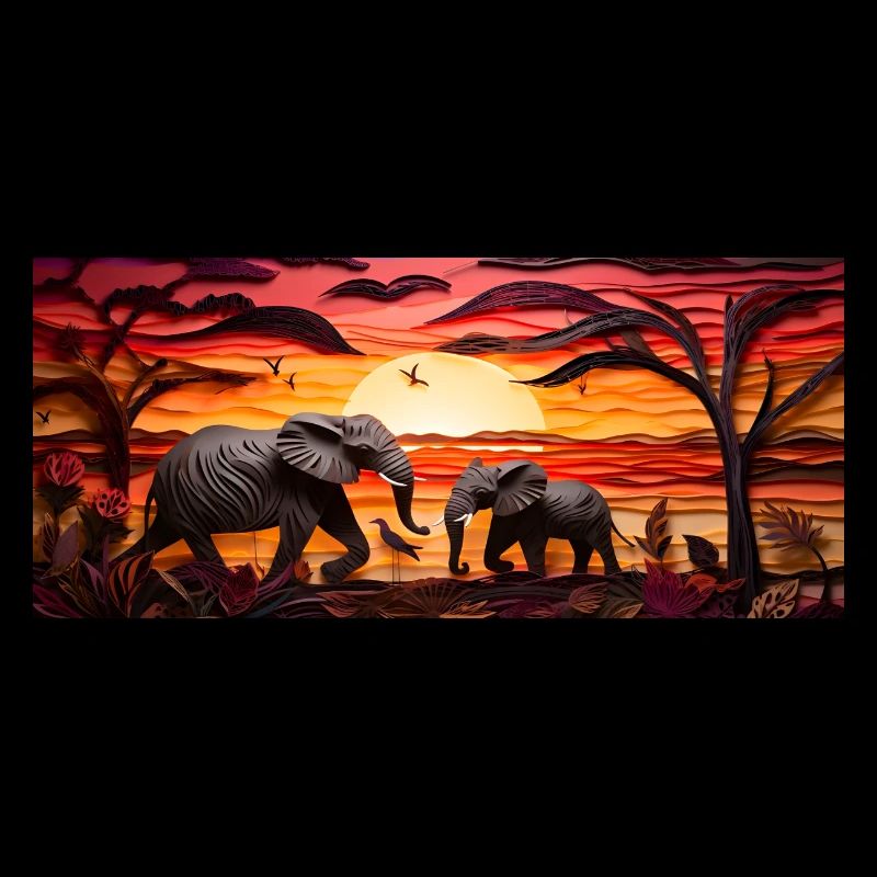Coucher de soleil sur la savane - éléphants